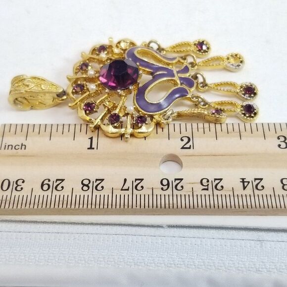 Vintage Purple Rhinestone Enamel Pendant, Gold Tone Setting Unique Design Estate - Picture 6 of 7